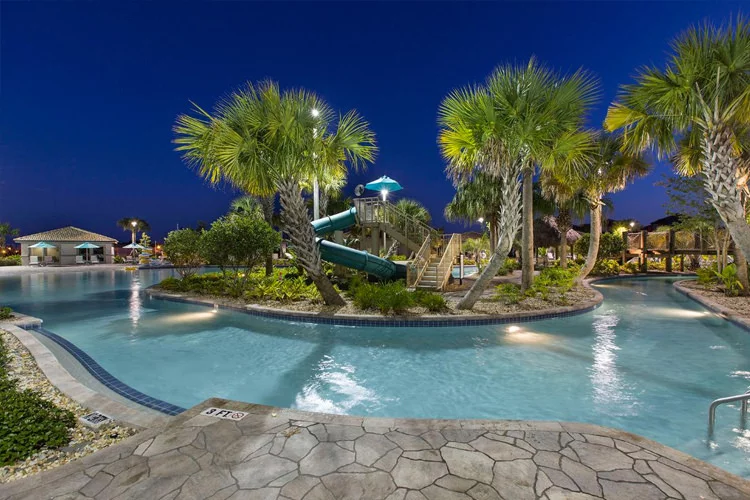 The Lazy River and Water Slide at night